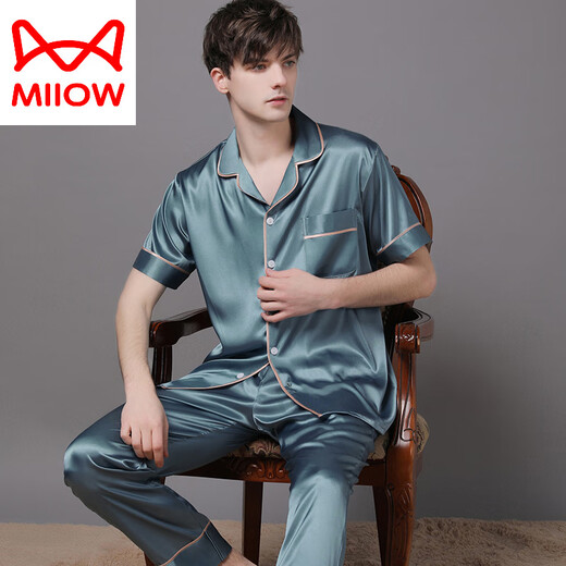 猫人（MiiOW）真丝睡衣男士2025年新款夏季薄款短袖长裤丝绸感大码套装 绿色 6223 L (115-140斤)