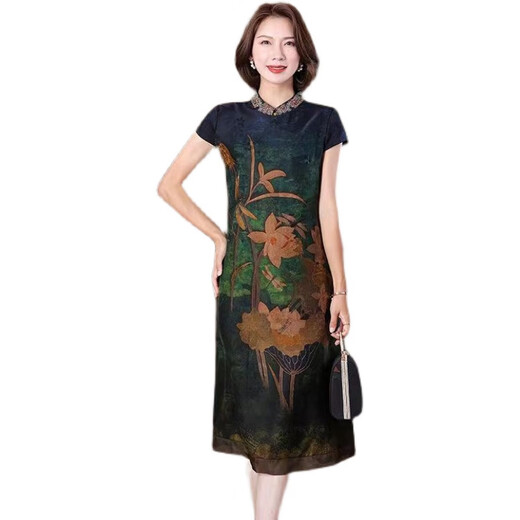 登森图中年裙子40-50岁旗袍裙夏天穿的妈妈连衣裙夏季改良女短袖过膝长 花色 9761 M 95至105斤