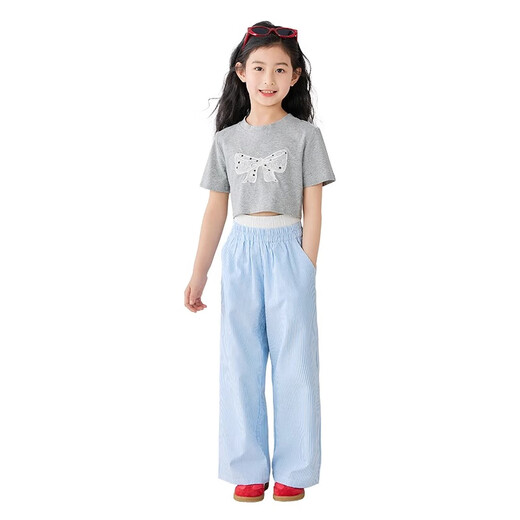 Moonkids Girls Kurzärärer Anzug Sommer Neue Kindereiseishosen Dopamin zweiköpfiger Mädchen Dünne Sommer-Outfit 15278 Blaue Weitbeinhosen 140 cm