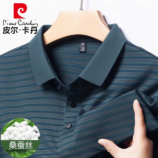 皮尔卡丹（pierre cardin）夏季中年男士桑蚕丝短袖t恤翻领条纹爸爸装体恤polo衫 H9866卡其 M 165 推荐90-120斤