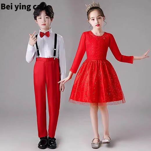 Children's Day Children's Day Performance Clothes Kindergarten Performance Clothing Kindergarten Performance Children's Performance Clothes Chorus Clothes Dance Recitation Dress Princess Skirt Puff Skirt Overalls Kindergarten Students Men's Short-Sleeved Shorts + Black Tie Suspenders + Socks 120