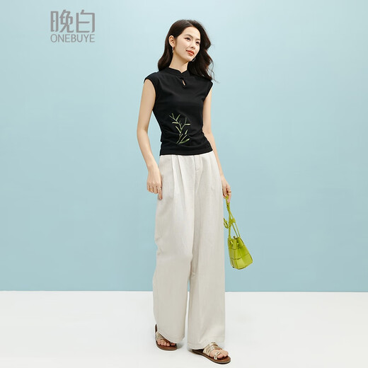 晚白2025年夏款时尚简约气质上衣气质新中式莱赛尔针织衫女 黑色 S