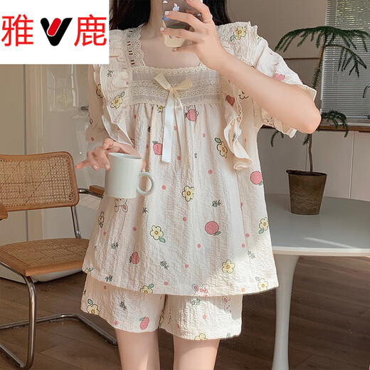 雅鹿睡衣女2025夏季新款春秋碎花开衫甜美少女短袖夏天外穿家居服套装 M1283蓝 【主图款】 M 【80-100斤穿】