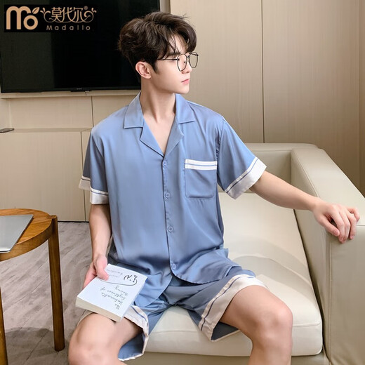 莫代尔高端新款男式睡衣夏季短袖短裤冰丝薄款凉感家居服大码套装夏天男 3899茶色 L (体重100到139)