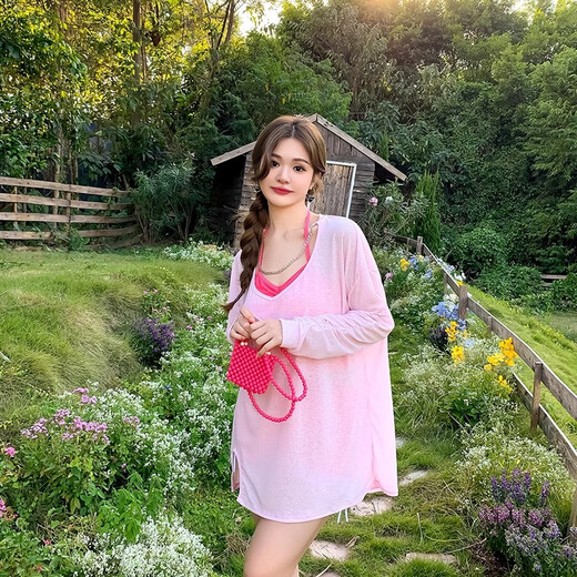 Juke plus size swimsuit women's new summer boxer blouse three-piece set to cover belly, slimming and loose, hot spring resort swimsuit, pink three-piece set, one size fits all (120-150Jin Jin is equal to 0.5 kg)