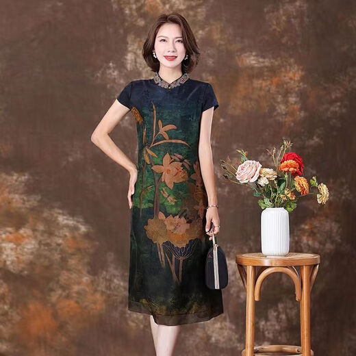 登森图中年裙子40-50岁旗袍裙夏天穿的妈妈连衣裙夏季改良女短袖过膝长 花色 9761 M 95至105斤