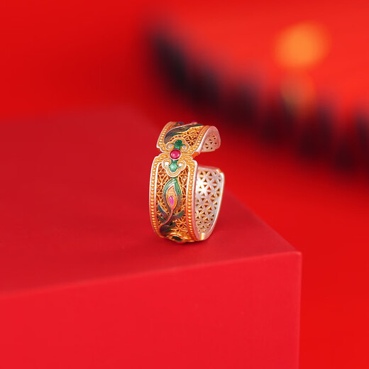 Yuansi pure silver 9999 enamel colorful phoenix feather gold ring for women sterling silver fortune hollow wishful ring new Chinese style gift enamel phoenix feather ring gift certificate/high-end gift opening adjustable