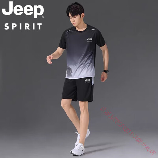 Jeep Spirit Jeep 2025 Sports Ice Silk футболка для мужчин быстро сухую одежду с коротким рукавом с коротким рукавом, летняя джерси баскетбольная одежда для бадминтона JP-9901 Black Grey Set m