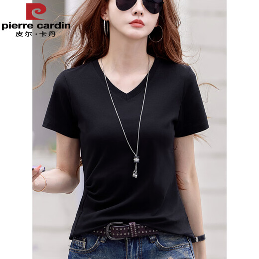 Camiseta de algodón puro Pier Cardin en V para el diseño de algodón de manga corta para mujeres, camisa base plisada de hombros, nuevo estilo de verano, delgado y de moda a media manga 6626 Púrpura de frambuesa (estilo de hueso de pescado) 3xl recomendado 135-150Jin [Jin equivale a 0.5 kg]