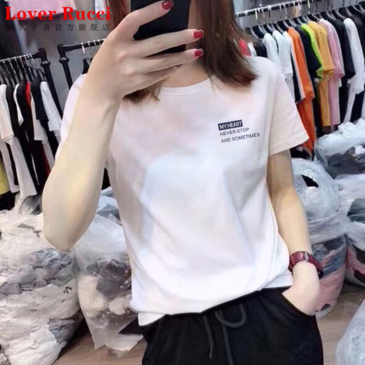 LOVER RUCCI纯棉白色短袖t恤女体恤2025年夏装新款潮宽松夏季女装上衣服正肩 KC693白 S
