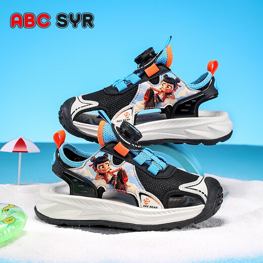 ABCSYR New Summer Nezha Boys Sandals Sac Toe Toe Anti-Collision Anti-Slip Breathable Outdoor Cartoon Beach Shoes Sk983 Black Orange 34 Longueur intérieure 21,5 cm