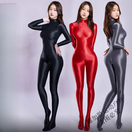 Mai Lei's oily silky tight yoga one-piece high collar back zipper open sports jumpsuit glossy men's and women's full body swimsuit black M M size 155~172C80-110Jin Jin equals 0.5 kg slim body