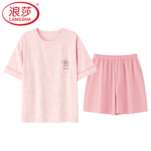 浪莎（LangSha）轻奢睡衣女夏季短袖短裤棉圆领薄款甜美粉色家居服套装可外穿 Z9859 M 【80-100斤穿】