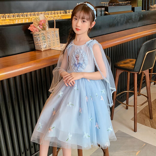 Anne Youer Frozen Princess Aisha Dress Girls Summer Dress New Children's Birthday Dress Blue 130