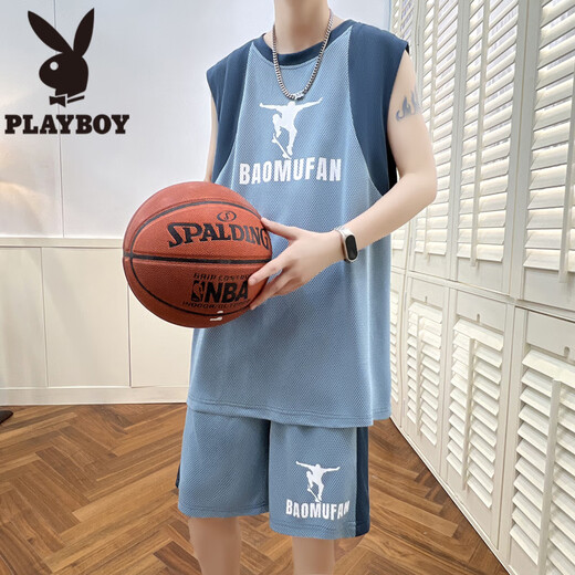 Playboy (PLAYBOY) ice silk sleeveless T-shirt boy 12-15-year-old teenager student quick-dry basketball uniform 13 children's vest sports suit 6636 blue (vress + shorts) quality assurance L 100-120Jin [Jin equals 0.5 kg]