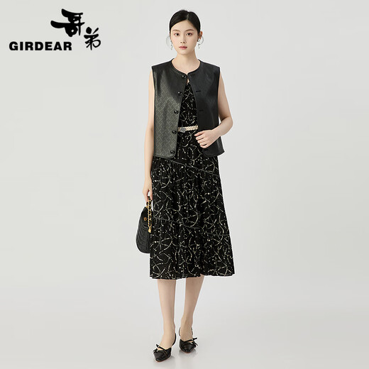 哥弟（GIRDEAR）女装2025夏装新款时髦造型圆领PU皮马甲外套女140023 黑色 M (3码)