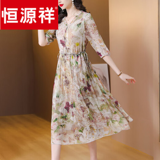 恒源祥时尚印花真丝连衣裙桑蚕丝2025夏季新款高端中年妈妈气质显瘦 三号色【7077】 M 建议-110斤