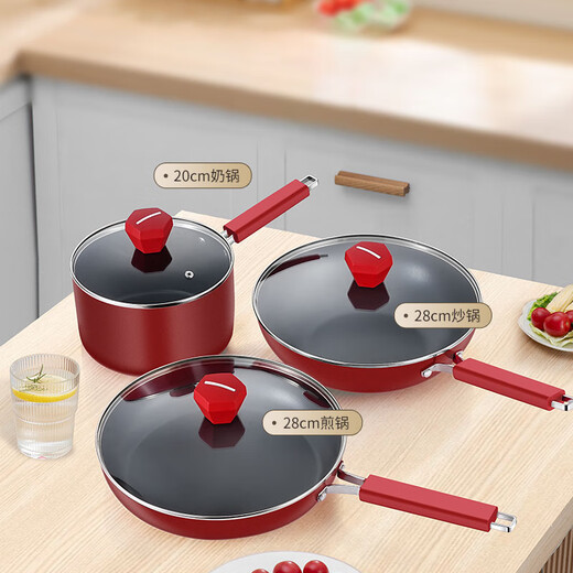 Deffman has a titanium non-stick wok, wok, frying pan, kitchen utensil set, soup pot, milk pot and pot, three-piece set for gas induction cooker, non-stick wok, wok + soup pot + frying pan