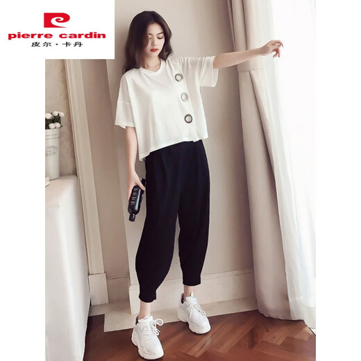 皮尔卡丹（PIERRE CARDIN）胖mm哈伦裤套装女矮个子2025春夏新款洋气显瘦遮肚运动休闲两件套 黑色《9928》 L 《建议101-116》