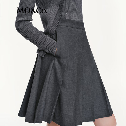 MO&Co. C+ Series Skirt 2025 Autumn New Sheep Wool Worsted I-pleat High Waist MBE3SKT030 Dark Pattern Gray S
