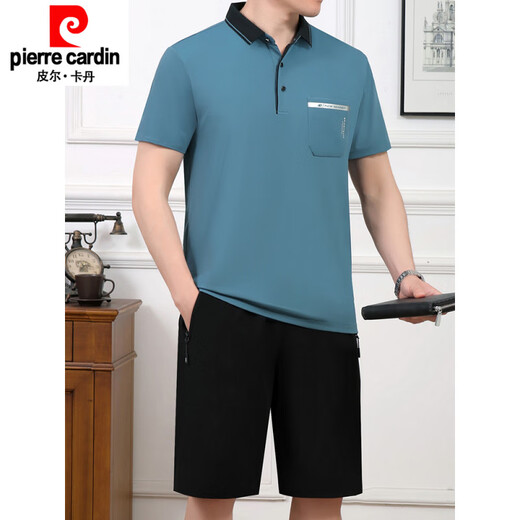 皮尔卡丹（pierre cardin）夏季款中老年男士爸爸装翻领薄款冰丝短袖短裤宽松大码运动服套装 691牛仔蓝 2XL 建议140斤---160斤体恤+裤子