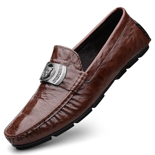 Belle 2025 crocodile pattern beanie shoes cross-border lazy driving shoes British casual men's leather shoes genuine leather cowhide 15888 black 38