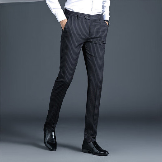 Romon (Romon) pantalon pour les affaires décontractées des affaires pour hommes et version coréenne polyvalente mince automne pantalon droit britannique rayures hommes 9902 Black épais style 33 [140-150jin [Jin est égal à 0,5 kg]]]