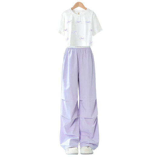 Yoyo One (Yoyo One) Girls Kurzärmelige Anzug 2025 Neue Sommer Dünn Kinder Internet Celebrity Street Summer Anzug Mädchen Junior High School Schüler Sommer 15290 Lila + 9889 White 170 170 cm