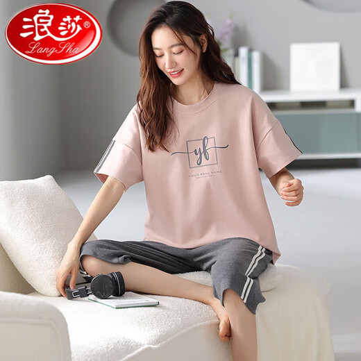 Langsha 100% pure cotton pajamas for women in summer large-size short-sleeved suit Korean casual cartoon cotton cropped pants home clothing N9856 4XL (180-200Jin [Jin equals 0.5 kg])