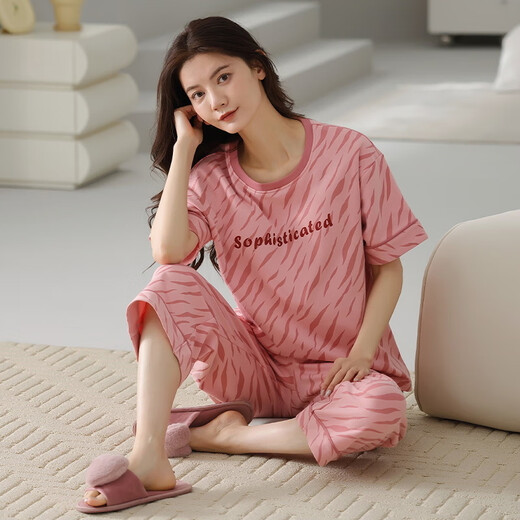 
Arctic velvet pajamas for women in summer pure cotton V-neck short-sleeved cropped pants loose and casual can be worn outside spring home clothing suit T-9854 (short suit) M (80-100Jin [Jin equals 0.5 kg])