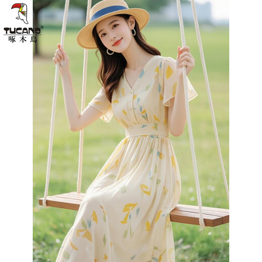 Woodpecker gentle date chiffon dress for women in summer 2025 new style this year's popular waist-closing seaside vacation floral long skirt picture color M suggests 95--104Jin [Jin equals 0.5 kg]