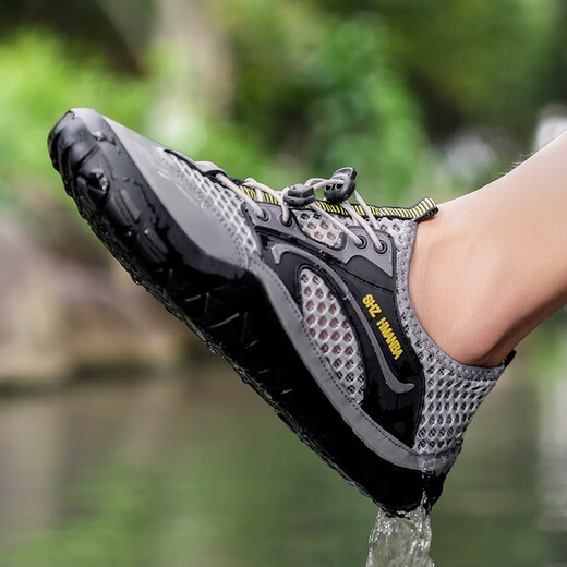 Remtin hollow summer men's shoes new sandals mesh non-slip breathable casual outdoor large net sports shoes 1276 gray (recommended to increase one size to shoot) 39