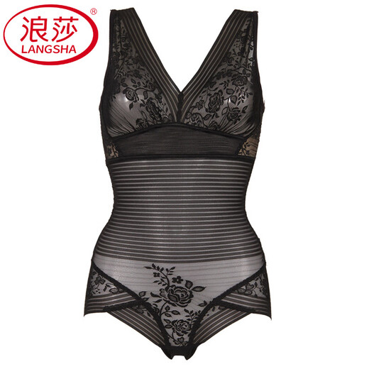 浪莎（LangSha）款连体塑身内衣裤收腹束腰带胸罩一体式束身美体塑形收复衣女 黑色排扣款 年纪50岁以上建议拍 M 体重80-95斤