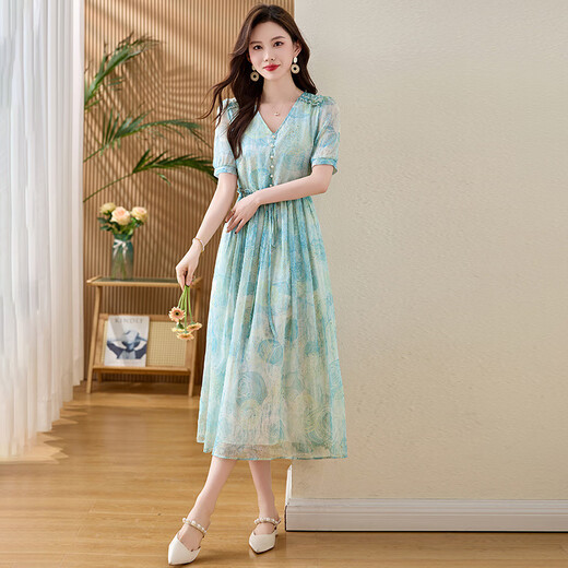 Aemape Mulberry Seide High-End-Temperament hoher Taille V-Ausschnitt gedruckter Rock für Frauen 2025 Sommer neuer Seiden mit mittlerer Länge gefälschter Stil Kleid Bild Farbe L 1105-115jin [Jin gleich 0,5 kg]