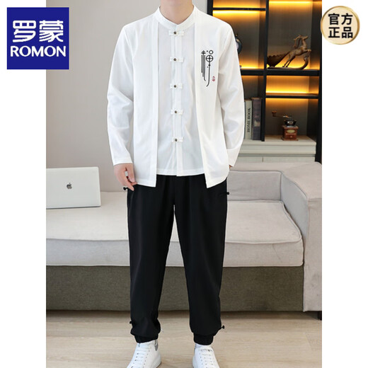 罗蒙（ROMON）中国风长袖T恤套装男假两件盘扣刺绣棉麻两件一套新中式立领开衫T 9887白色【上衣+裤子】 长袖款 L 110-125斤