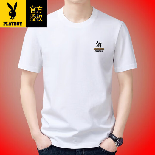 花花公子（PLAYBOY）夏季新款男士短袖T恤宽松纯色高档半袖体恤圆领纯棉上衣服顺滑 Y9929黑色 M -120斤穿