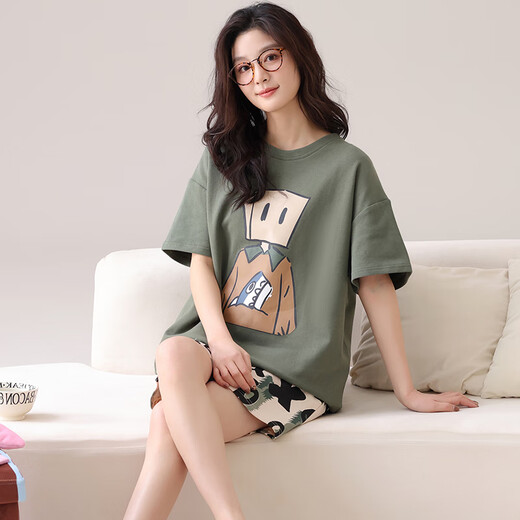 Langsha pajamas for women in summer pure cotton 100% short-sleeved shorts sweet pullover girl summer thin home clothes can be worn outside 844 women M