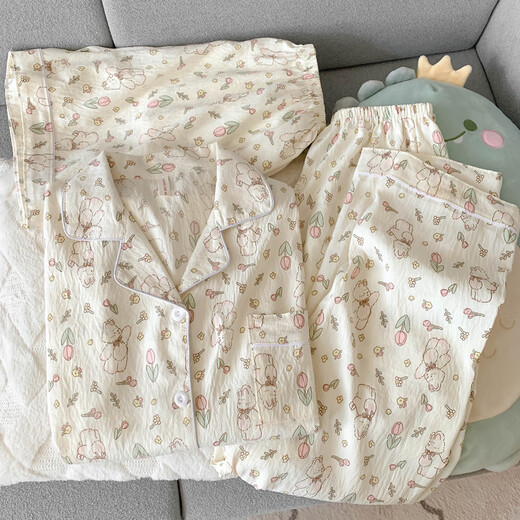 恒源祥纯棉纱布睡衣女短袖长裤春夏款三件套可爱小狗少女开衫家居服夏季 云朵棉-9902#星星KT猫三件套 M 【建议75-100斤】