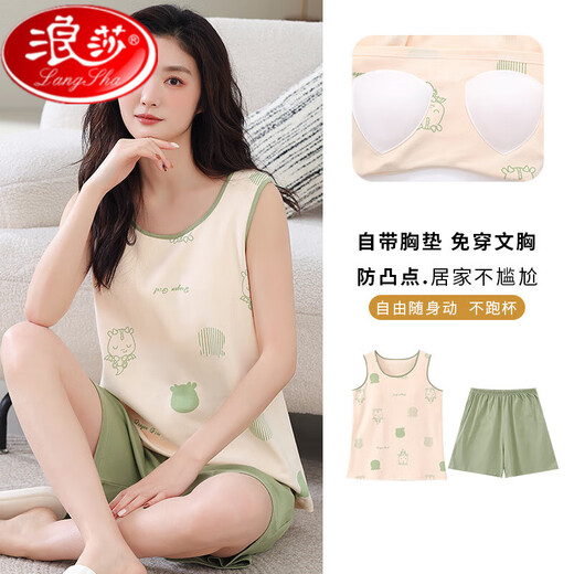 Langsha con almohadilla de pecho pijama de algodón puro para mujeres en el verano 2025 Nuevos pantalones cortos de chaleco sin mangas sin sujetador de ropa para el hogar con almohadilla de seno-9859 m [70-100Jin [Jin iguala 0.5 kg]]]