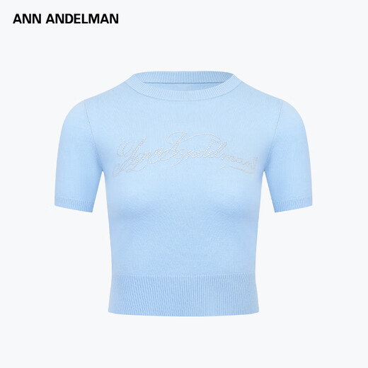 Ann Andelman offizielle Direktverkäufe Solid Color Slim Short Style Floral Schriftart Eisen Diamant gestrickt kurzärmelig T-Shirt Top für Frauen Blue XS