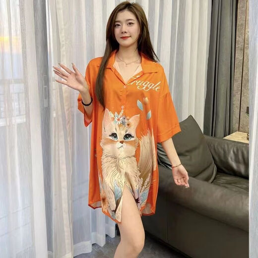 汀泺睡裙女士夏季性感冰丝纯欲风睡衣加大码家居服女大学生连衣裙青年 719橘色猫咪[单件裙] M [80-100斤]