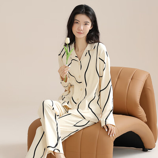 雅鹿睡衣女春秋季纯棉长袖简约休闲翻领开衫秋纯棉家居服套装 PLD-Y1137 9226 L 【建议100-120斤穿】