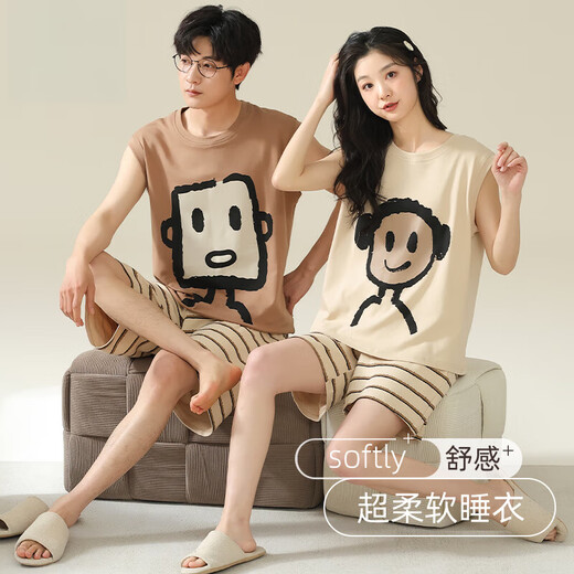 猫人（MiiOW）100%纯棉情侣睡衣一男一女夏天薄款可外穿卡通无袖背心家居服套装 719 M 女送男L