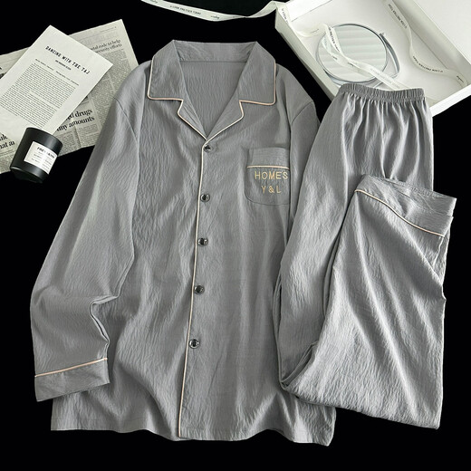 冉艺岚韩版简约云朵棉睡衣男士春秋季长袖开衫青年休闲可外穿薄款家居服 12401# 10XL l码建议100-120斤