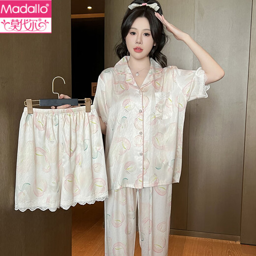 莫代尔冰丝睡衣女士夏季薄款短袖长裤加大码200斤家居服感套装 691#水蜜桃三件套装 M (建议80-100斤)