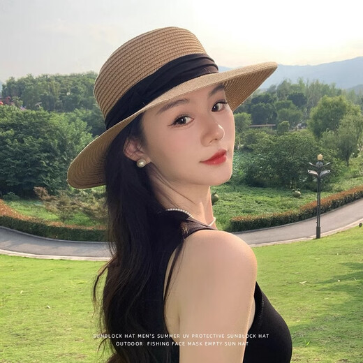 JIOESC French flat top straw hat women's summer new big head fence beach topper knitted sun hat summer khaki French flat top straw hat [black belt]