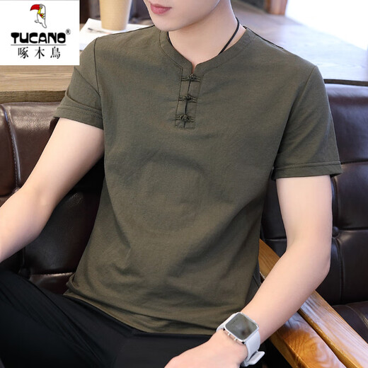 
Woodpecker men's Chinese style linen short-sleeved T-shirt Korean version retro young half-sleeved base clothes trendy men's cotton linen T-shirt 1105 white M