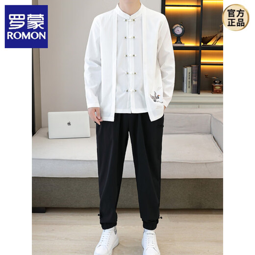 罗蒙（ROMON）中国风长袖T恤套装男假两件盘扣刺绣棉麻两件一套新中式立领开衫T 9887白色【上衣+裤子】 长袖款 L 110-125斤