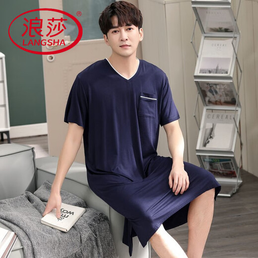 浪莎（LangSha）凉爽男士割包皮睡裙睡袍男夏季薄款冰丝莫代尔睡衣男长款短袖宽松 旗舰店-844深蓝 L