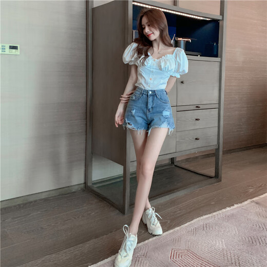 Eindkad raspados pantalones cortos de mezclilla para mujeres nuevos coreanos chic coreano gran tamaño grasa mm de cintura ancha ancha pantalones calientes de línea avellana azul claro 9767 s [90-100Jin [Jin es igual a 0,5 kg]]]